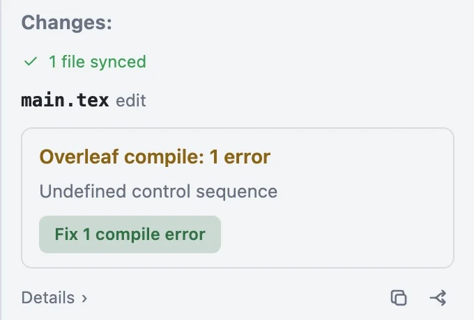 A compile error on the run card, with a Fix 1 compile error button