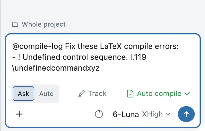 A fix request with @compile-log drafted in the composer
