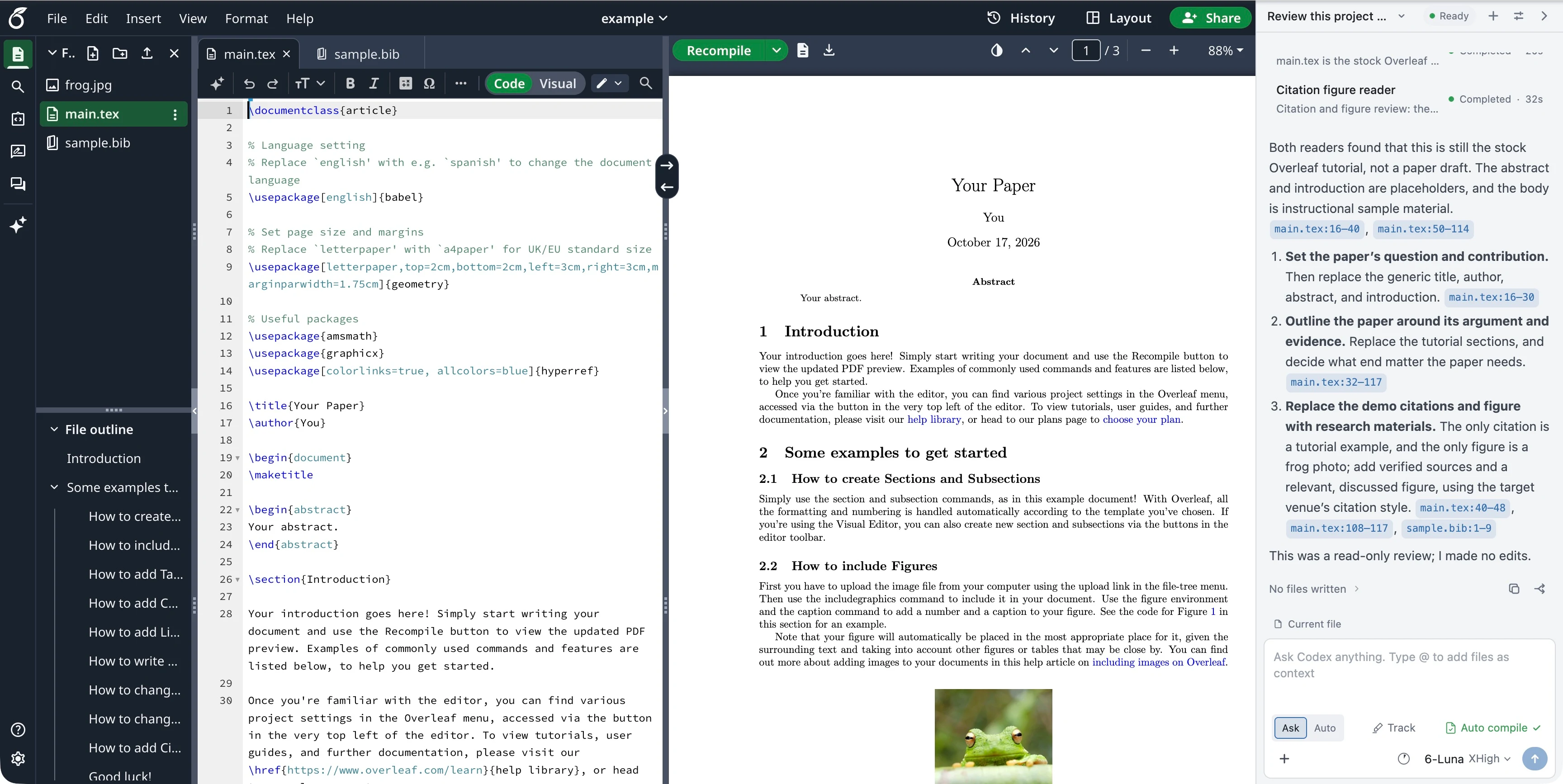 The Codex panel next to the editor and PDF in the Overleaf example project