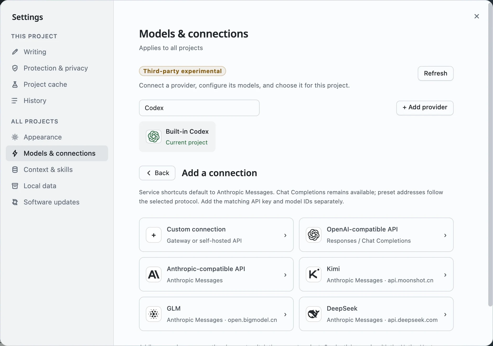 Provider shortcuts in Models & connections
