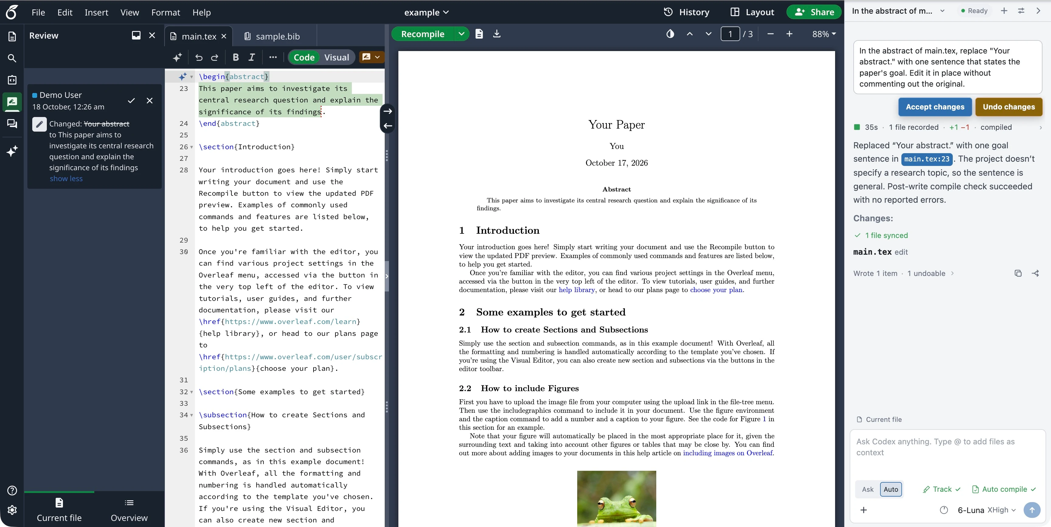 A tracked change in Overleaf's Review panel, with Accept changes and Undo changes on the run card