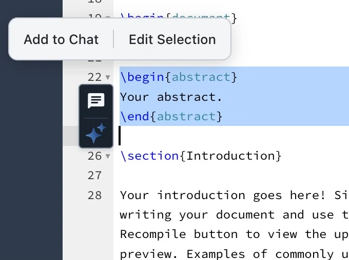 Lines selected in the editor, with the Add to Chat and Edit Selection toolbar