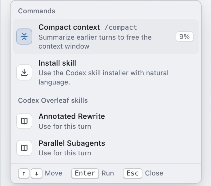 Typing / opens the command and skill menu, with /compact first