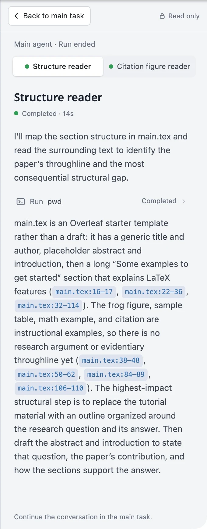 A subagent's read-only conversation