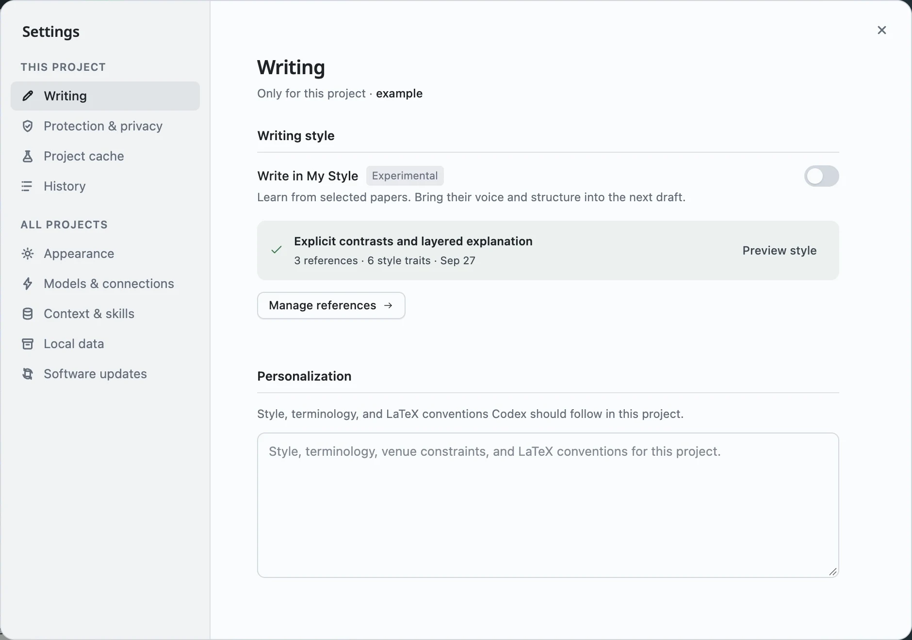 The Writing page in Settings